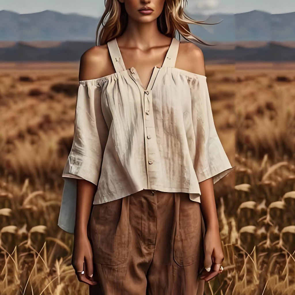 Alina – Blusa de lino color arena con diseño de hombros descubiertos