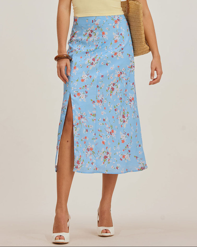 Falda midi A con estampado de flores azules y aberturas laterales