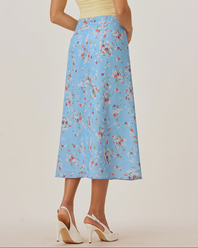 Falda midi A con estampado de flores azules y aberturas laterales