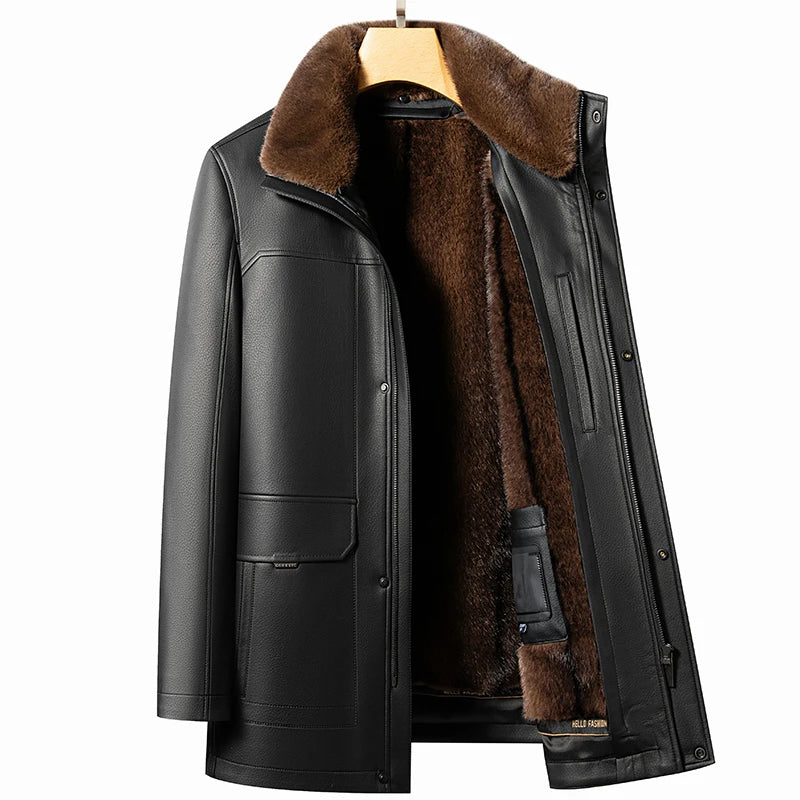 Chaqueta de cuero natural con detalles de lana
