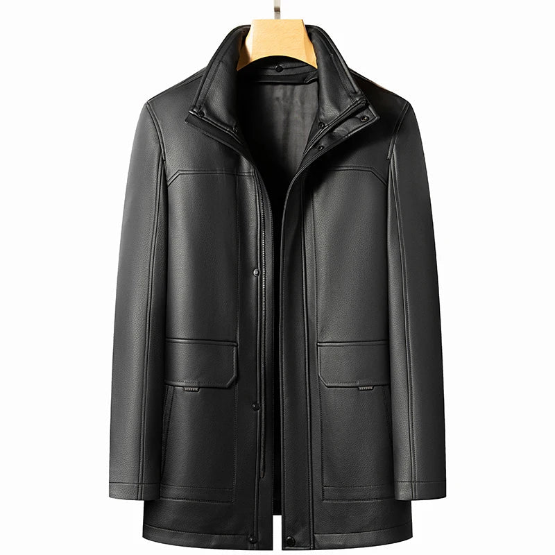 Chaqueta de cuero natural con detalles de lana