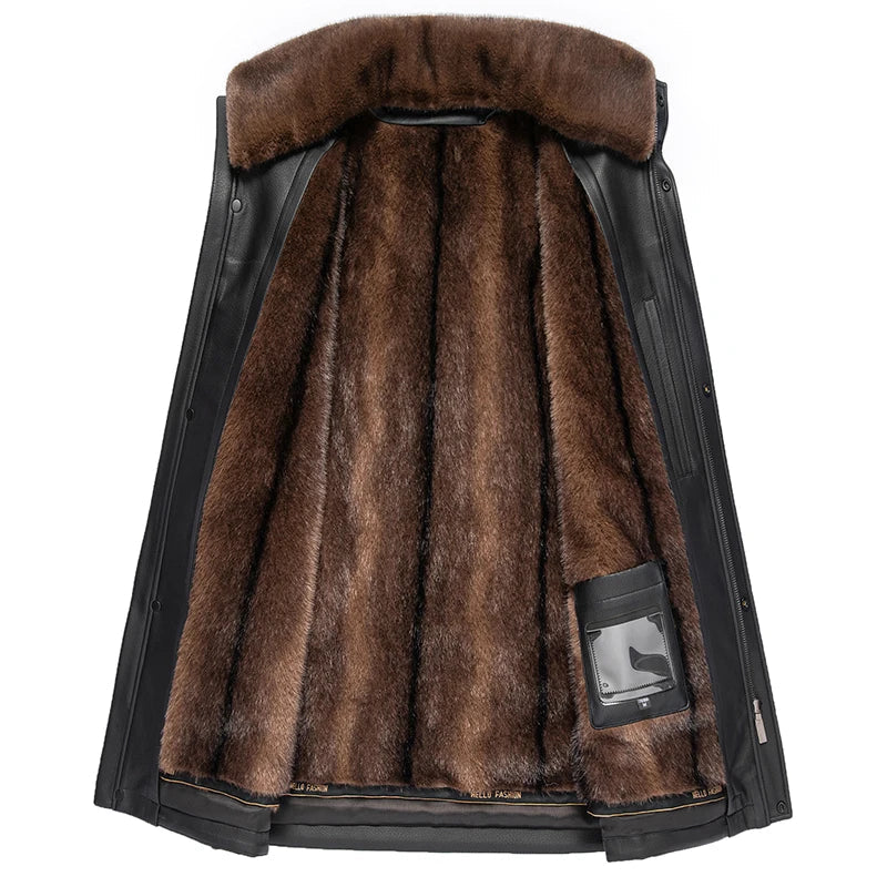 Chaqueta de cuero natural con detalles de lana
