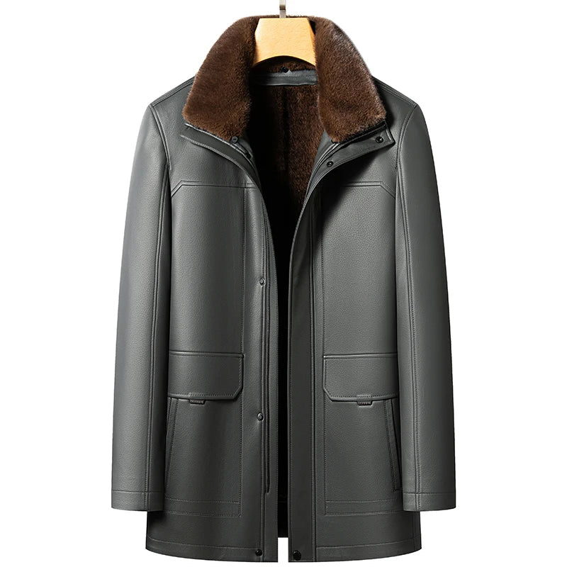 Chaqueta de cuero natural con detalles de lana