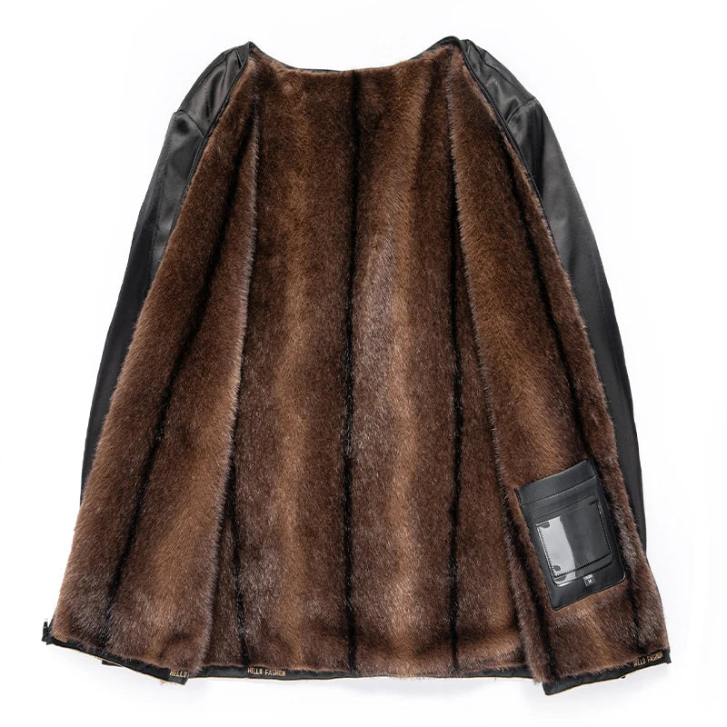 Chaqueta de cuero natural con detalles de lana