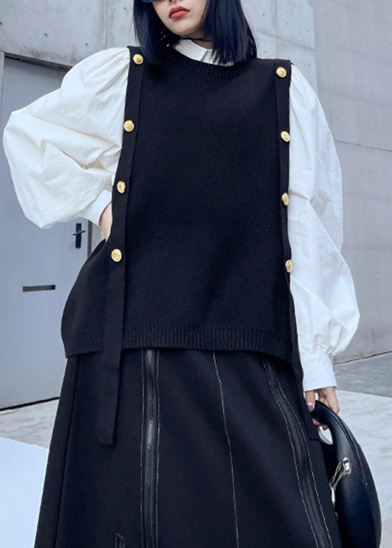 Suéter Vintage Negro sin Mangas con Cuello Redondo