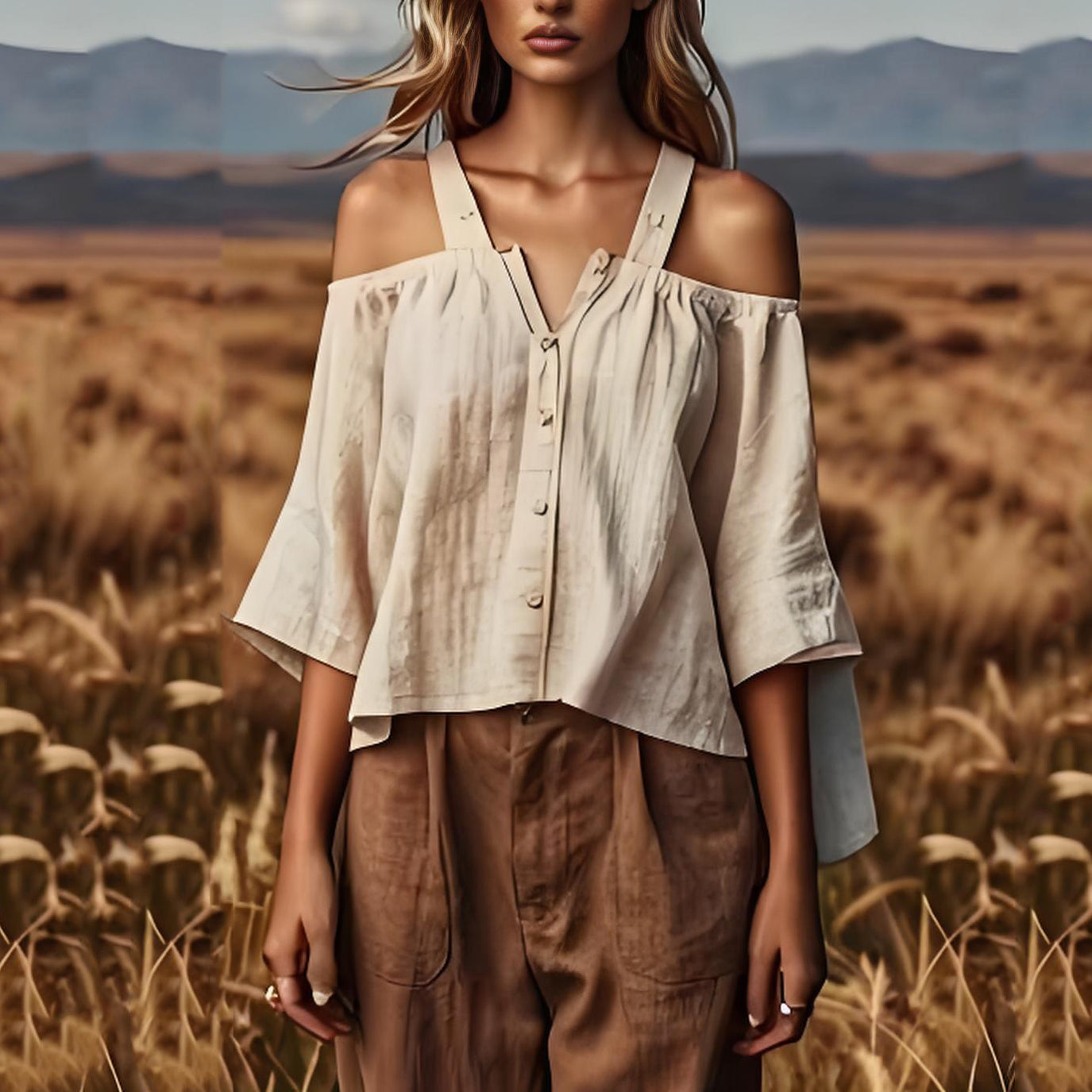 Alina – Blusa de lino color arena con diseño de hombros descubiertos