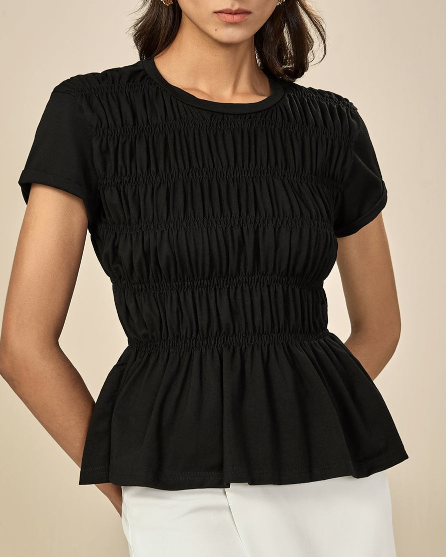 Camiseta Negra de Chifón con Cuello Redondo