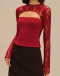Blusa de Encaje con Motivos de Flores Rojas