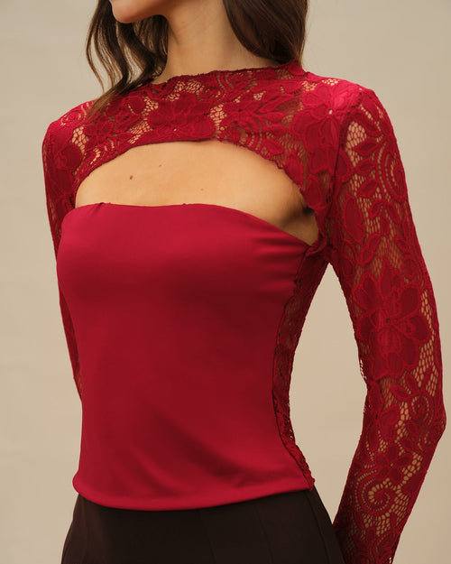 Blusa de Encaje con Motivos de Flores Rojas