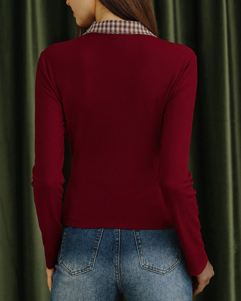 Camisa de Viscosa con Cuello a Cuadros Rojos