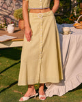 Solena – Falda midi amarilla con bordado y botones