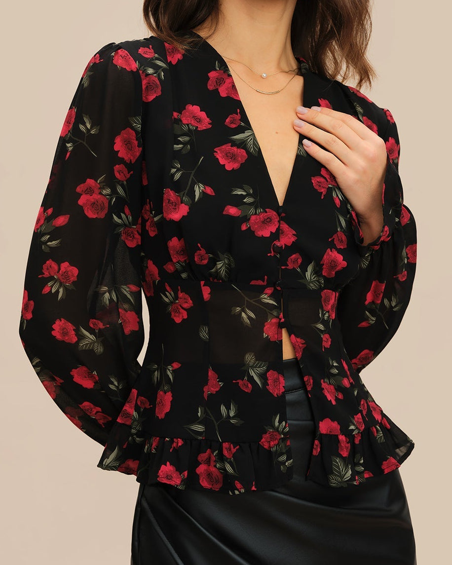 Rosalie – Camisa negra con diseño floral y escote en V