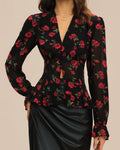 Rosalie – Camisa negra con diseño floral y escote en V