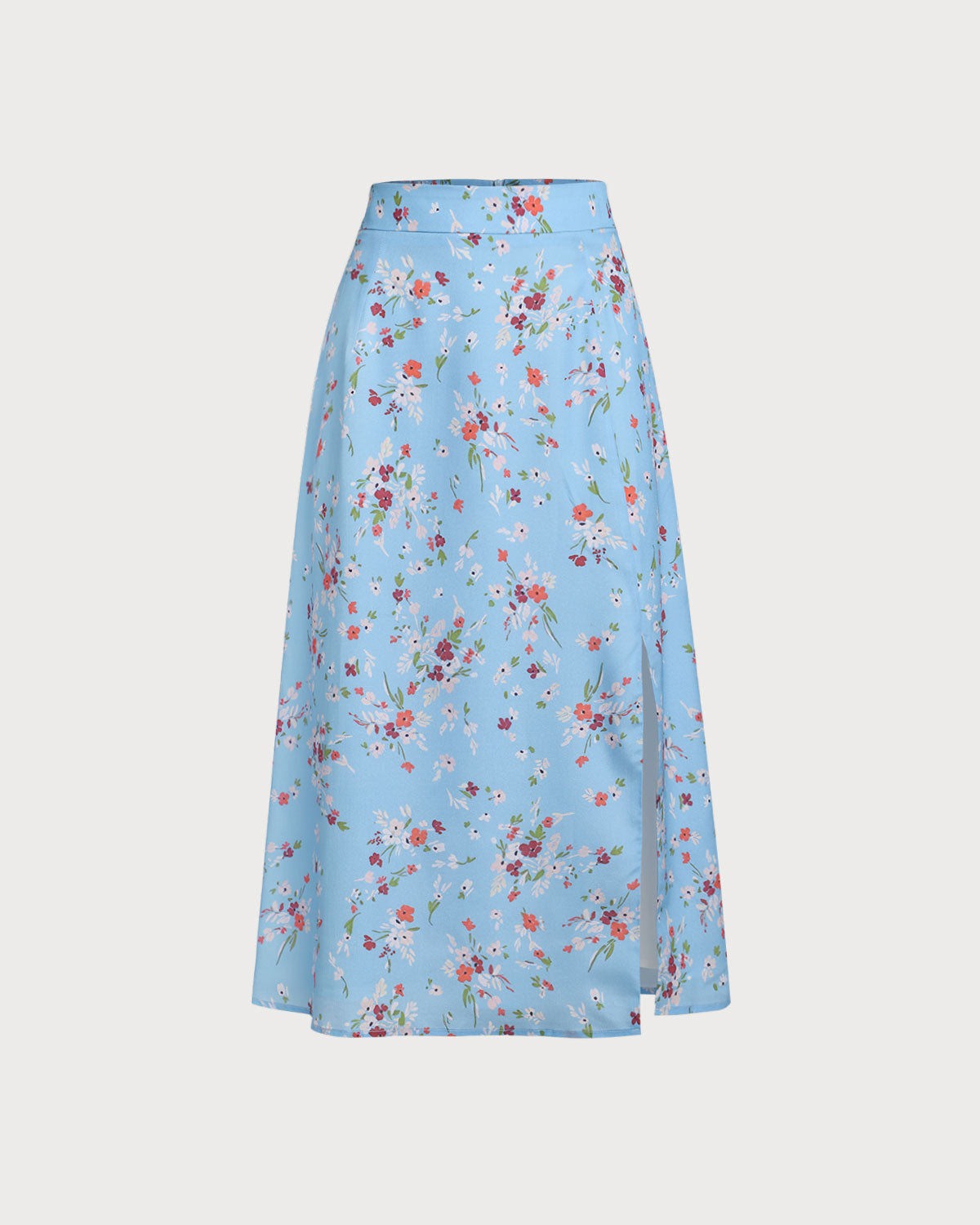 Falda midi A con estampado de flores azules y aberturas laterales