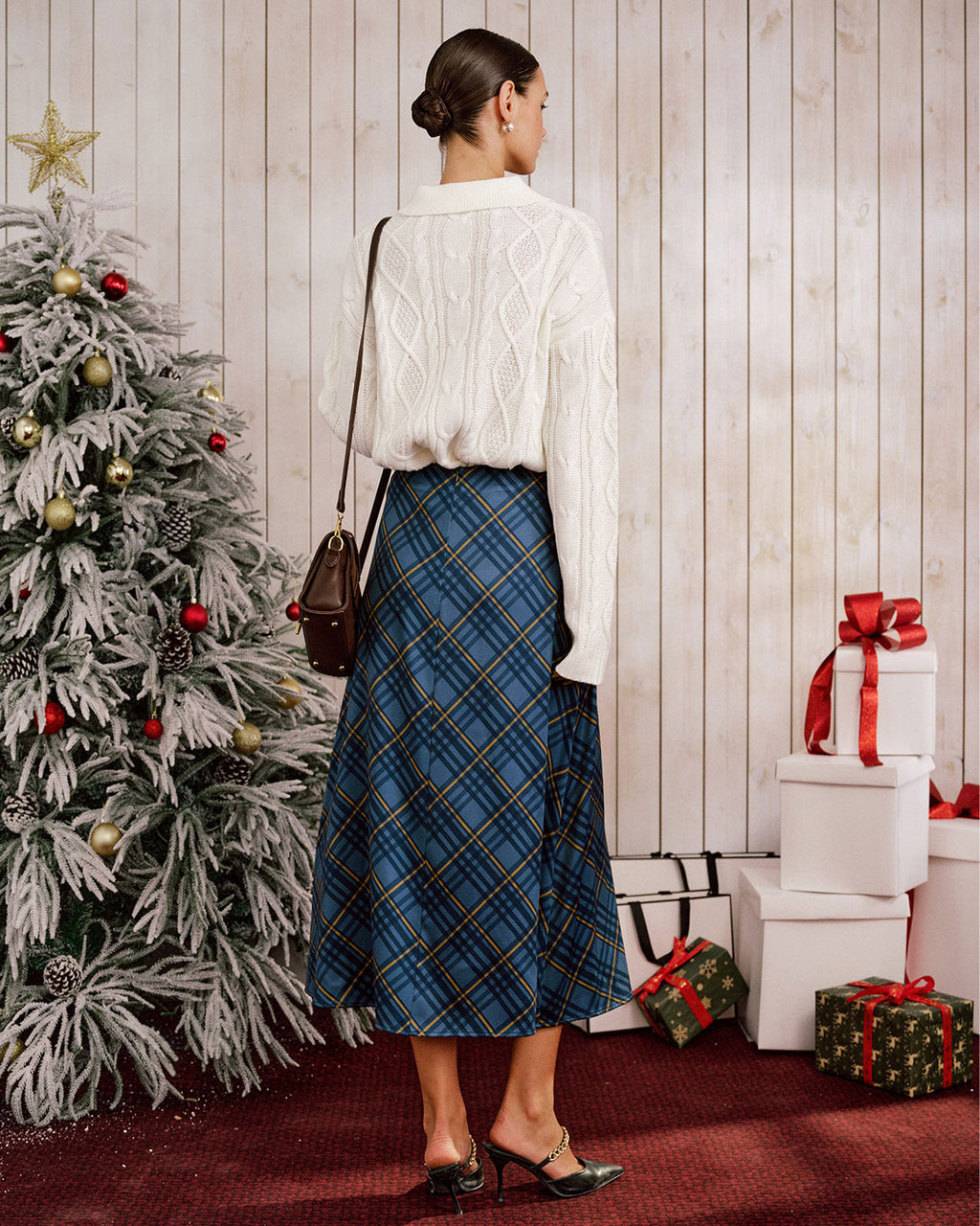 Falda midi de corte A en estampado de cuadros azules