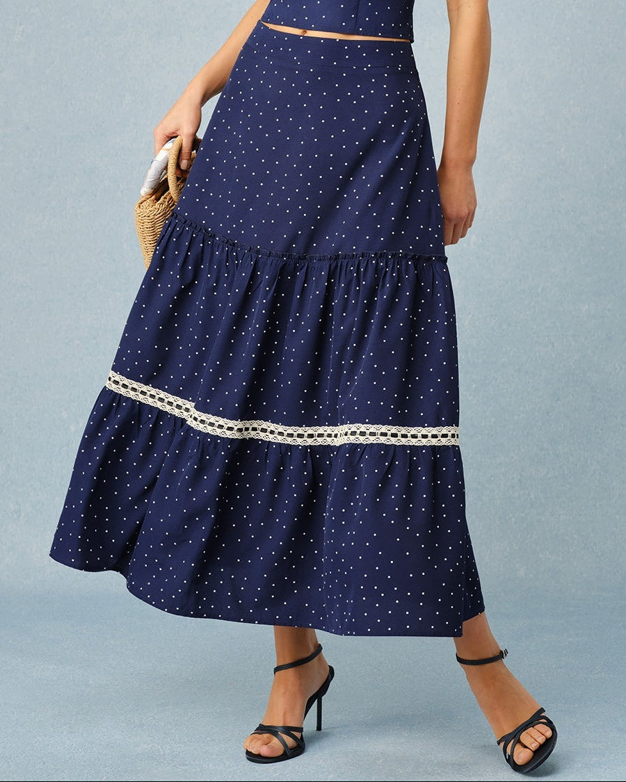 Santorini – Falda midi de lunares en azul marino