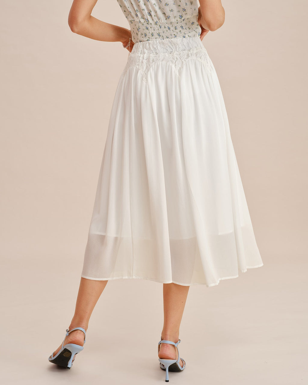 Falda Midi Balta con Encajes y Cintura Elástica
