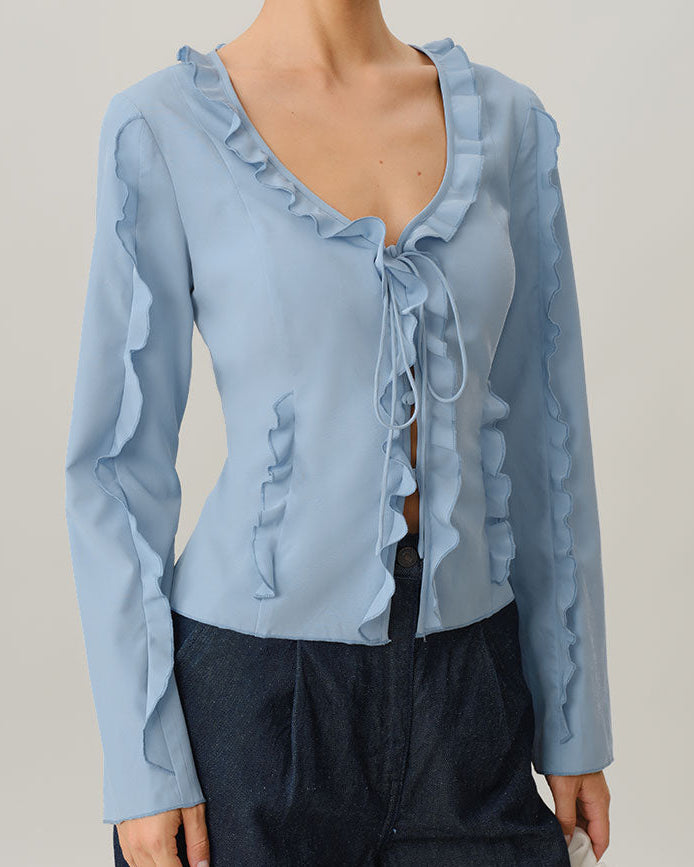 Elira – Blusa Azul con Detalles de Volantes