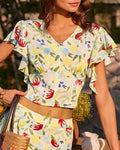 Camisa Floral con Detalles Arrugados en Forma de V